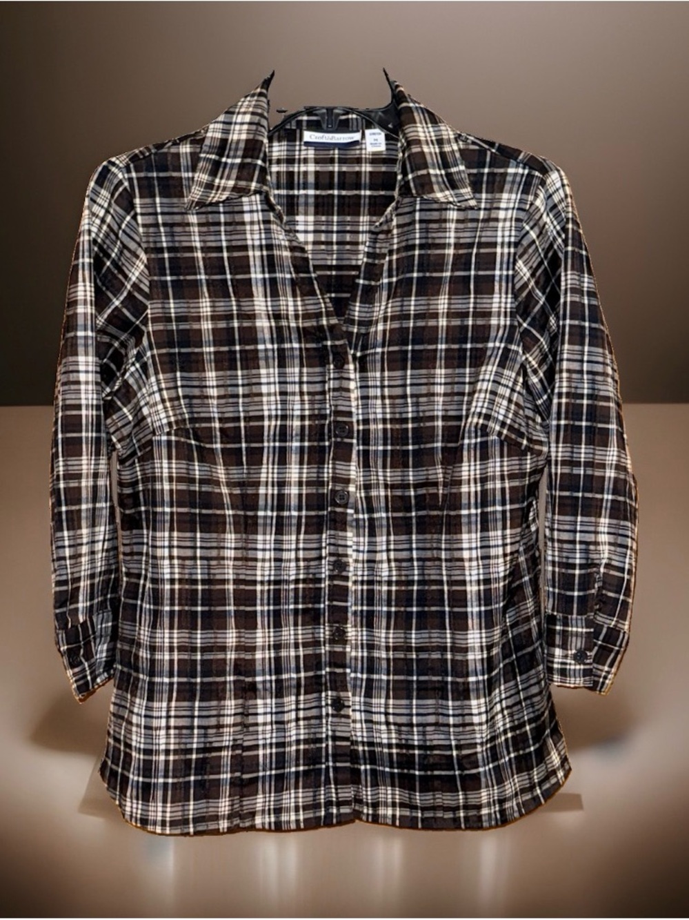 croft & barrow Brown and Cream Plaid Button-Down Shirt-M-EC